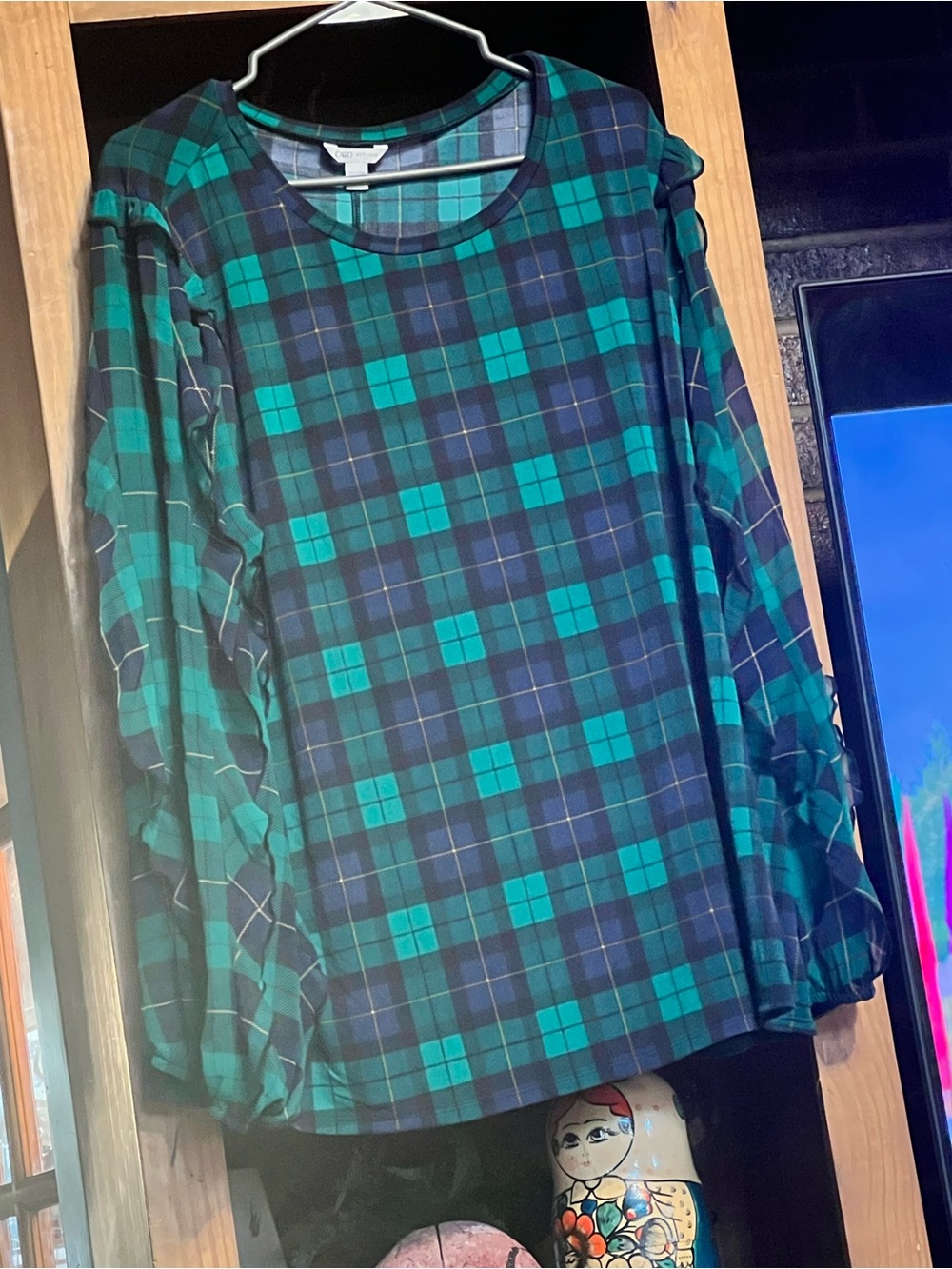 Cato Teal and Navy Plaid Long-Sleeve Top